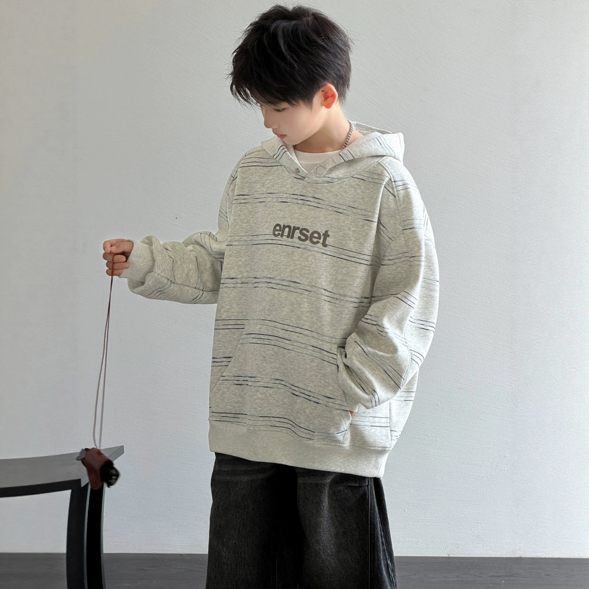 2026秋装波拉童装男童女童连帽卫衣中大童条纹套头衫校园学生帽衫