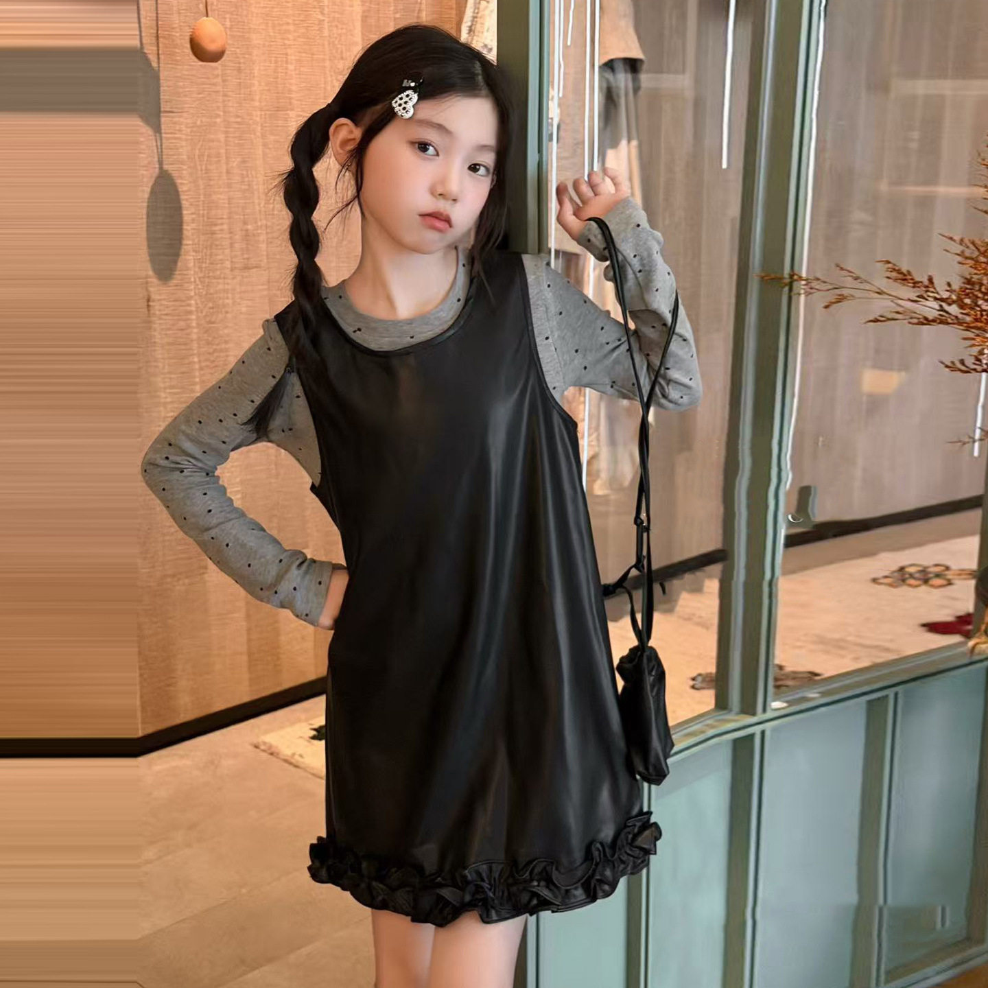 波拉童装女童秋装连衣裙套装2026秋装女孩韩系超好看波点打底衫皮