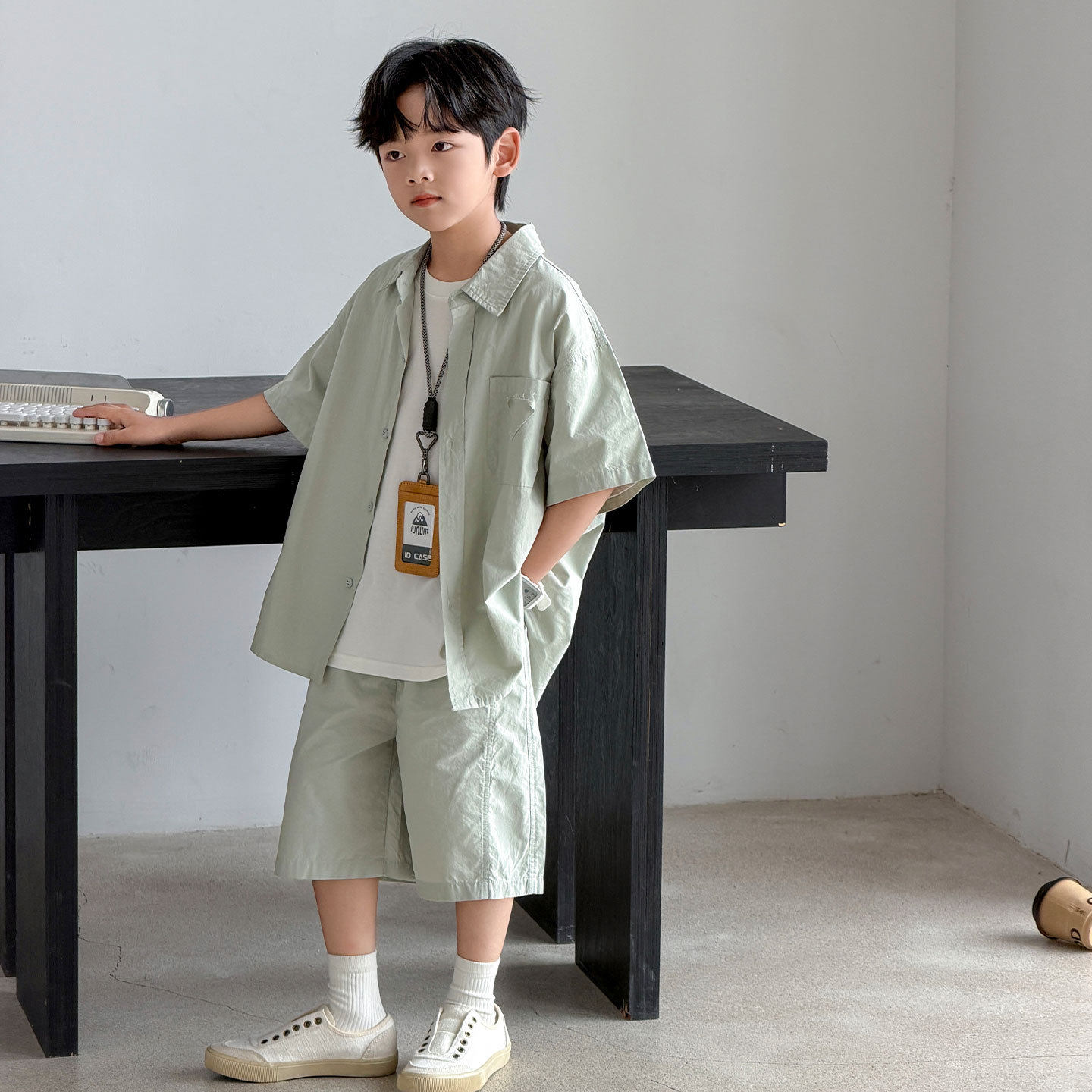 波拉童装男童夏季衬衫套装2026夏装中大儿童帅气夏装短袖男孩俩件