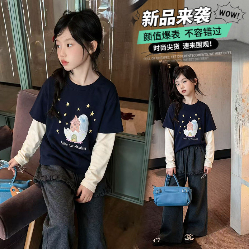 波拉童装韩版童装2026秋装秋季儿童卡通假两件长袖T恤女童格子休