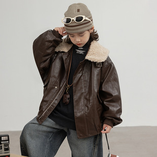 波拉童装男童夹棉皮衣外套秋冬款2025中大儿童冬季加厚上衣男孩冬