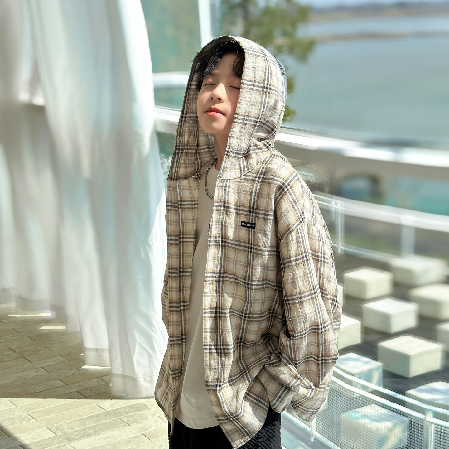 波拉童装男童中大童2026夏装夏季格纹连帽衬衫夏款薄款长袖开衫潮