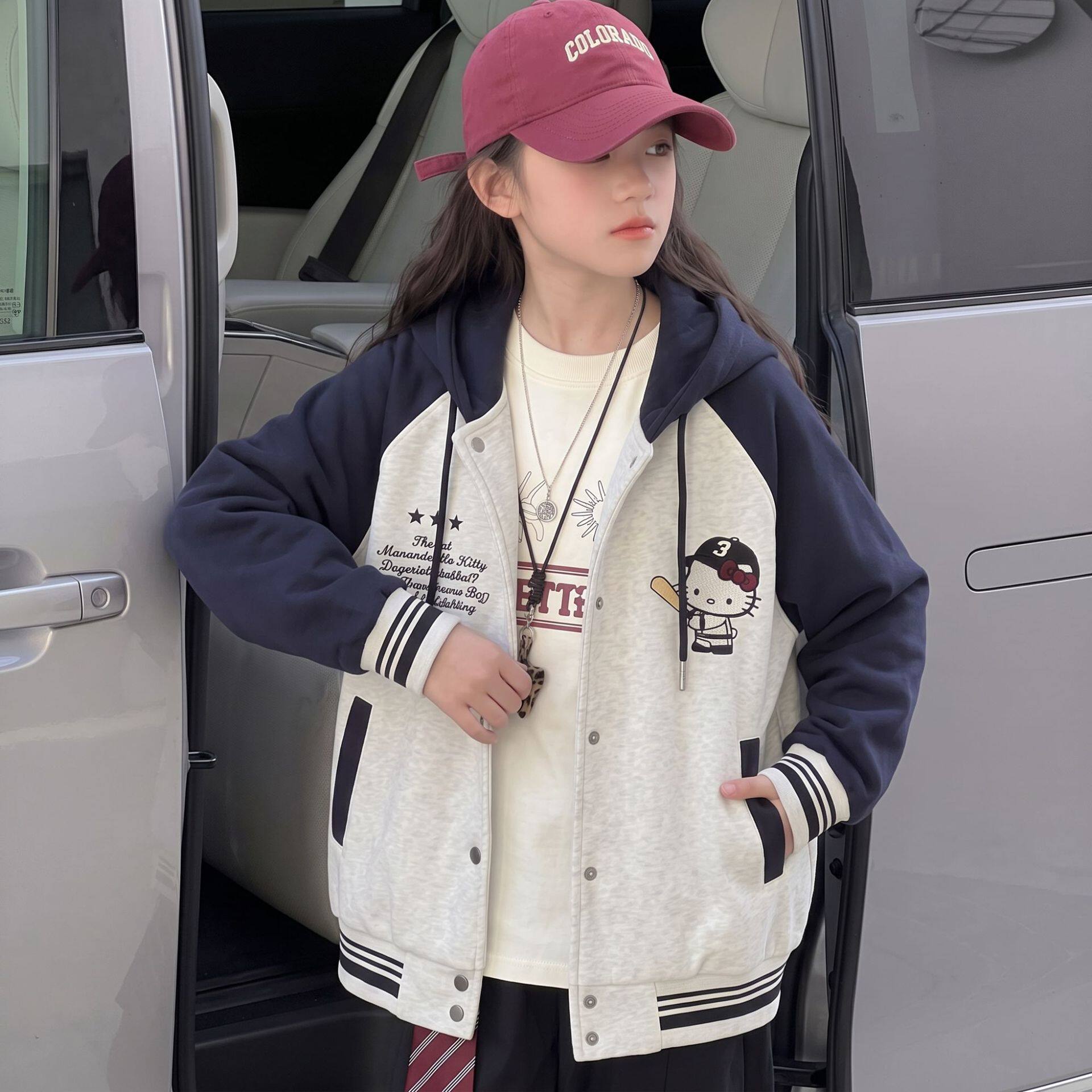 波拉童装韩国女童美式卡通连帽棒球服秋装2026秋装女大童超好看拼