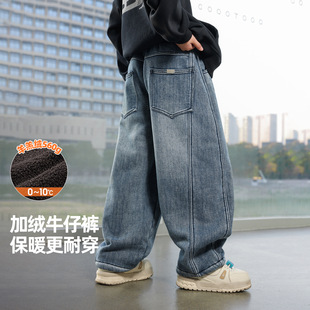 2025冬装波拉童装男女童加绒牛仔裤加厚保暖老爹裤奥粒绒休闲裤子