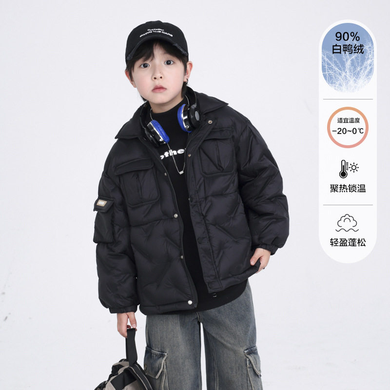 波拉童装男大童冬季黑色轻薄工装羽绒服2025儿童冬装短款保暖免洗