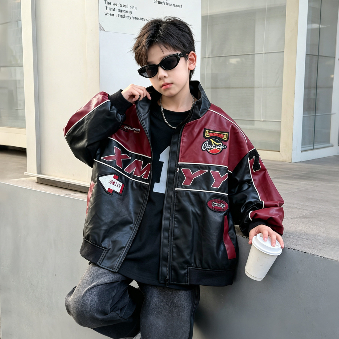 波拉童装男童赛车服外套2026秋装秋季中大童个性印花潮酷皮衣开衫