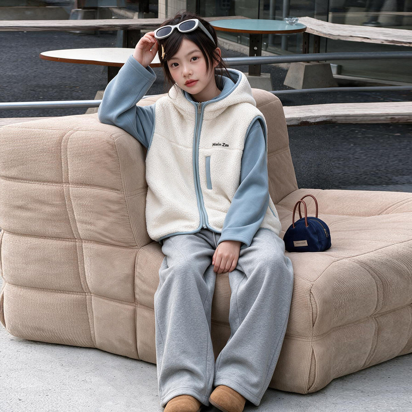 波拉童装韩国女童马甲套装2026冬装冬装女孩连帽外套打底衫加绒卫