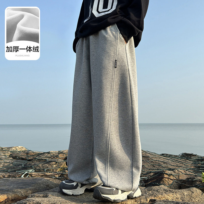 波拉童装男童冬季韩范灰色弯刀加绒运动卫裤2025儿童秋冬加厚阔腿