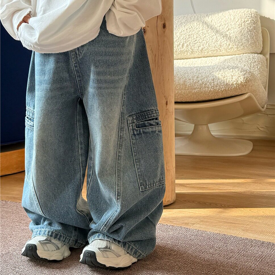 波拉童装2026春装春款中大童牛仔长裤韩版潮款工装男女童洋气牛仔