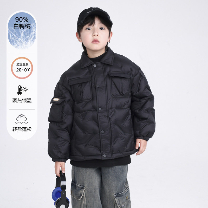 波拉童装男童冬季红色过年轻薄工装羽绒服2025儿童冬装保暖免洗外