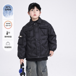 波拉童装男童冬季红色过年轻薄工装羽绒服2025儿童冬装保暖免洗外