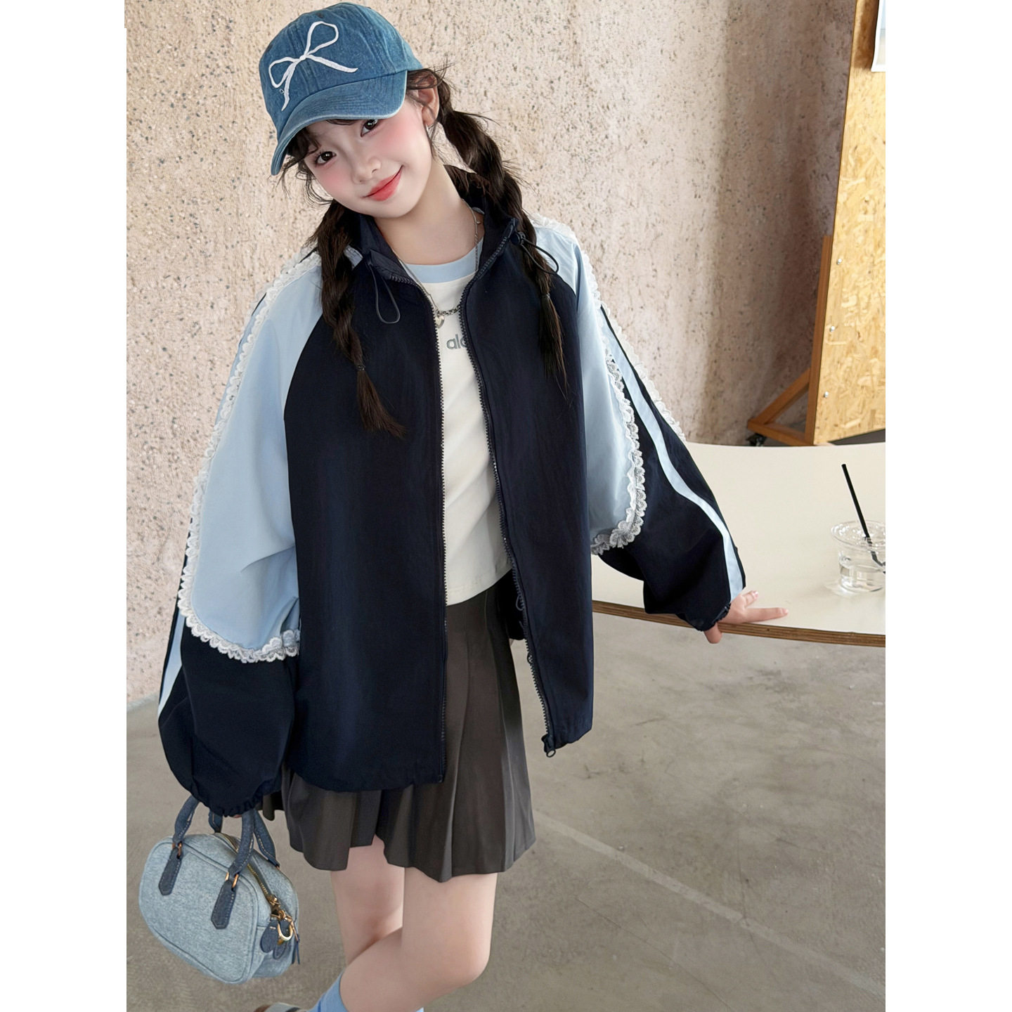 波拉童装2026秋装秋季女童蕾丝花边外套儿童超好看韩系立领夹克上
