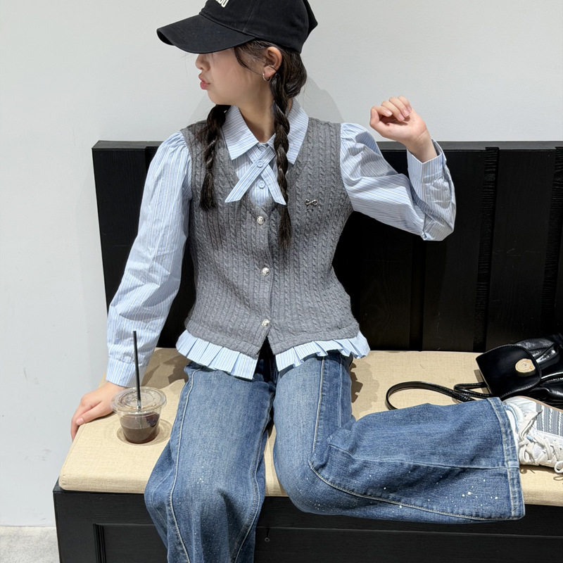 波拉童装女童学院风套装2026秋装秋装大童韩系假两件条纹衬衫牛仔