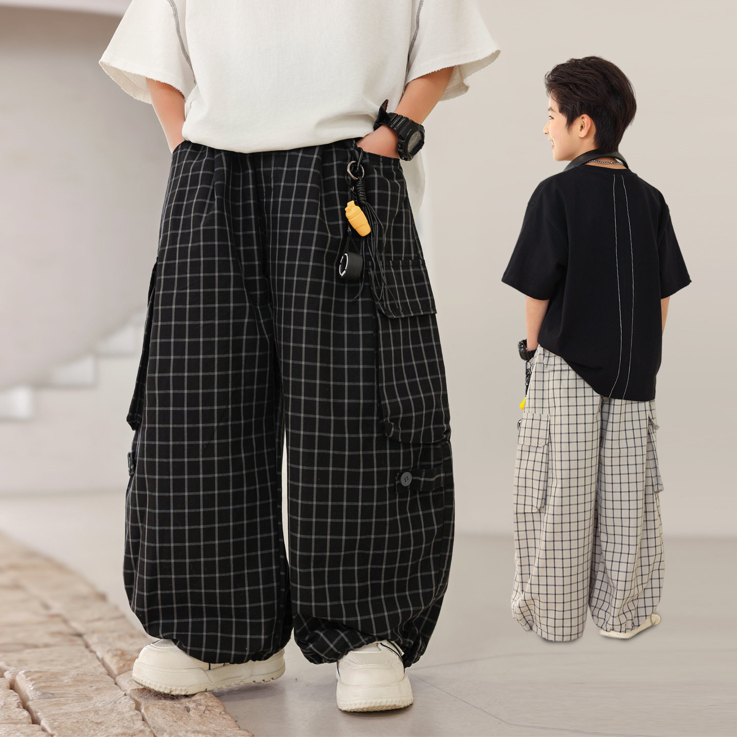 波拉童装男童薄款格纹裤2026夏装夏季中大童韩版洋气防蚊裤子