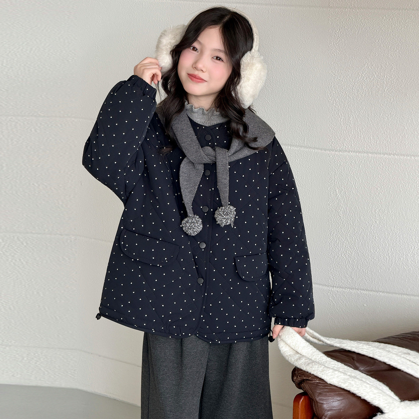 波拉童装女童冬装满印波点外套棉服2026女孩韩系休闲夹棉外套上衣