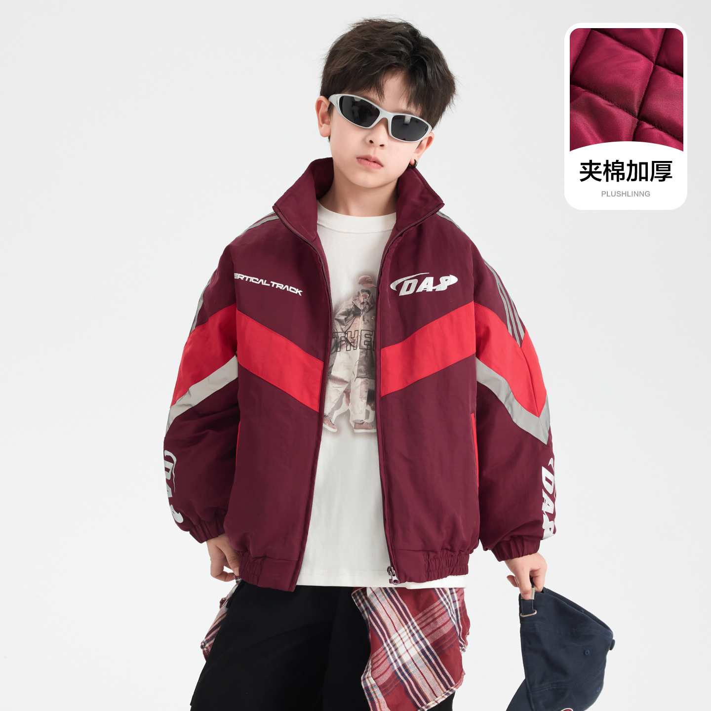 波拉童装男童冬装撞色机车风防水运动反光棉服2025儿童加厚夹棉外