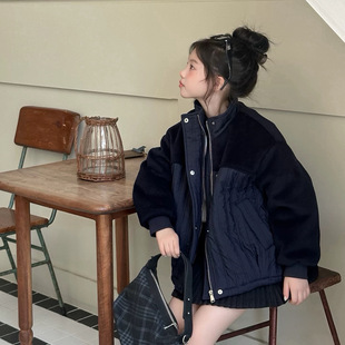 2025冬装波拉童装中大童呢子拼接夹棉棉服男女童保暖短款棉衣外套