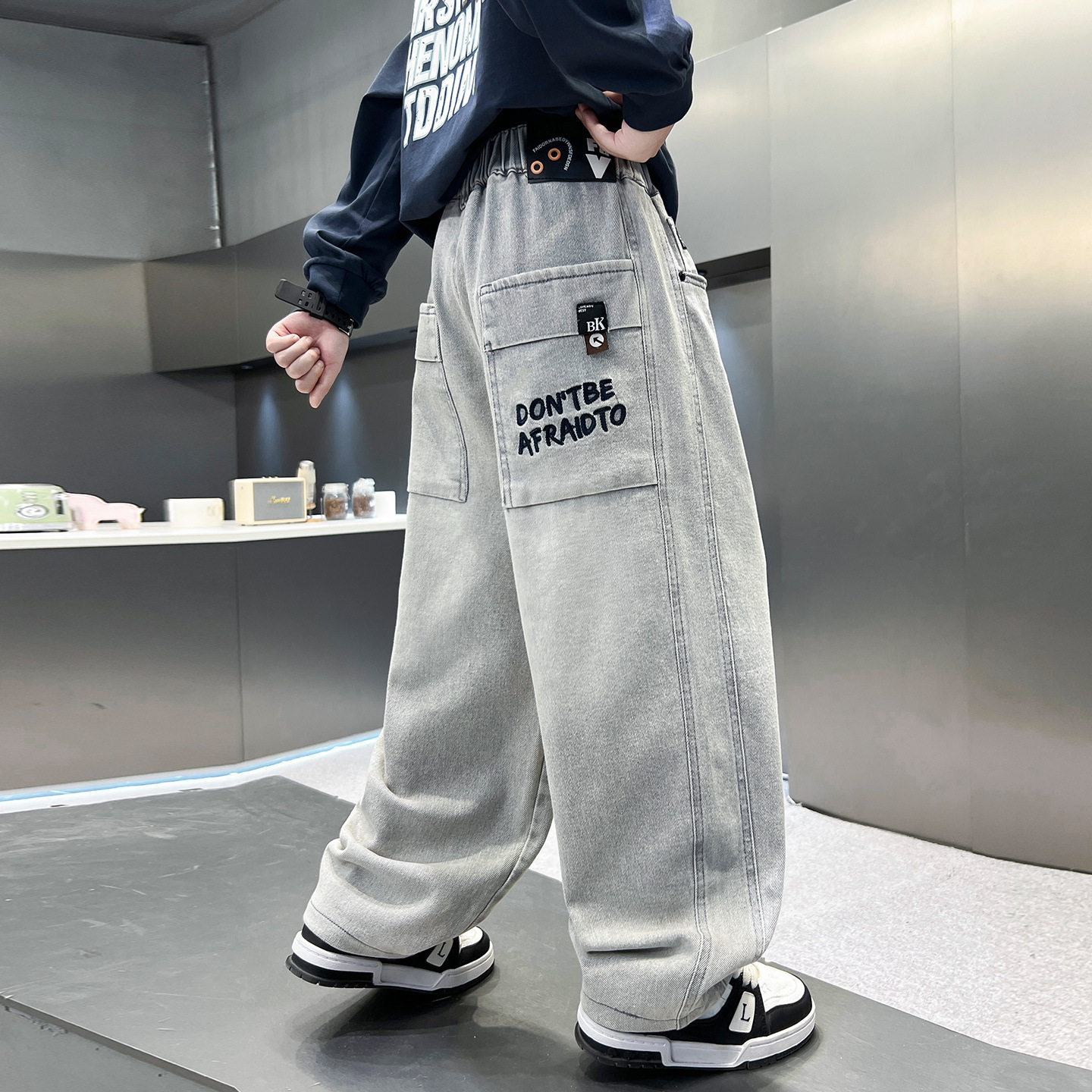 波拉童装男童春秋款裤子2026秋装潮酷复古宽松阔腿裤青少年学生秋