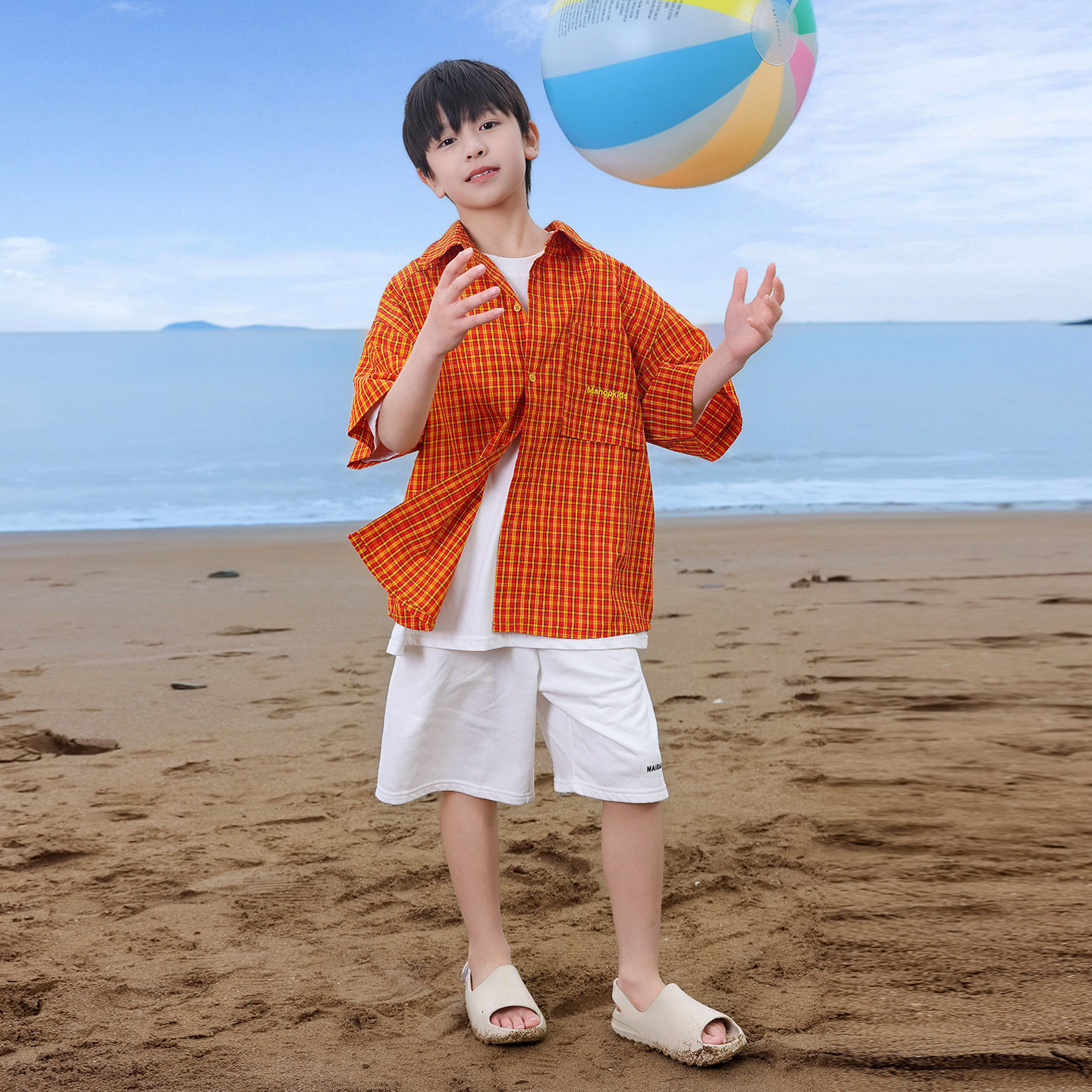 波拉童装男童薄款度假风格子衬衫2026夏装夏季中大童韩版纯棉衬衣