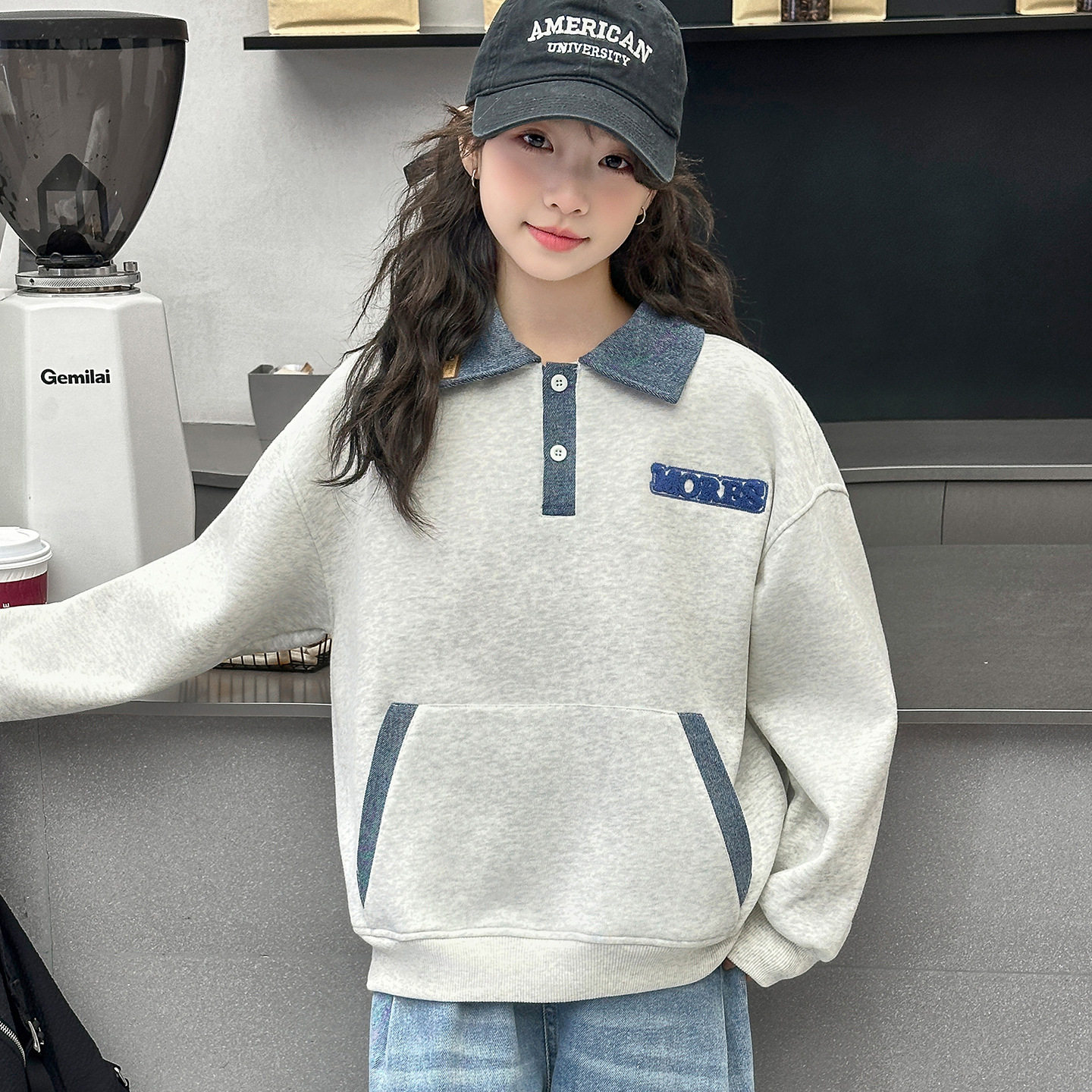 波拉童装女童Polo卫衣套装2026秋装秋季大童休闲宽松上衣牛仔阔腿