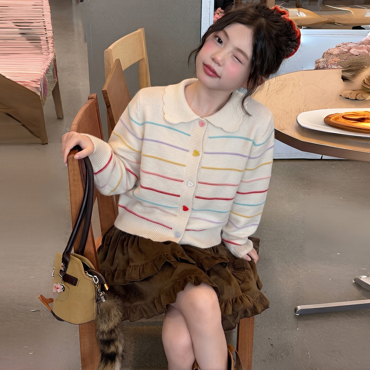 波拉童装韩国女童条纹撞色针织衫外套2026秋装秋季小女孩翻领毛衣