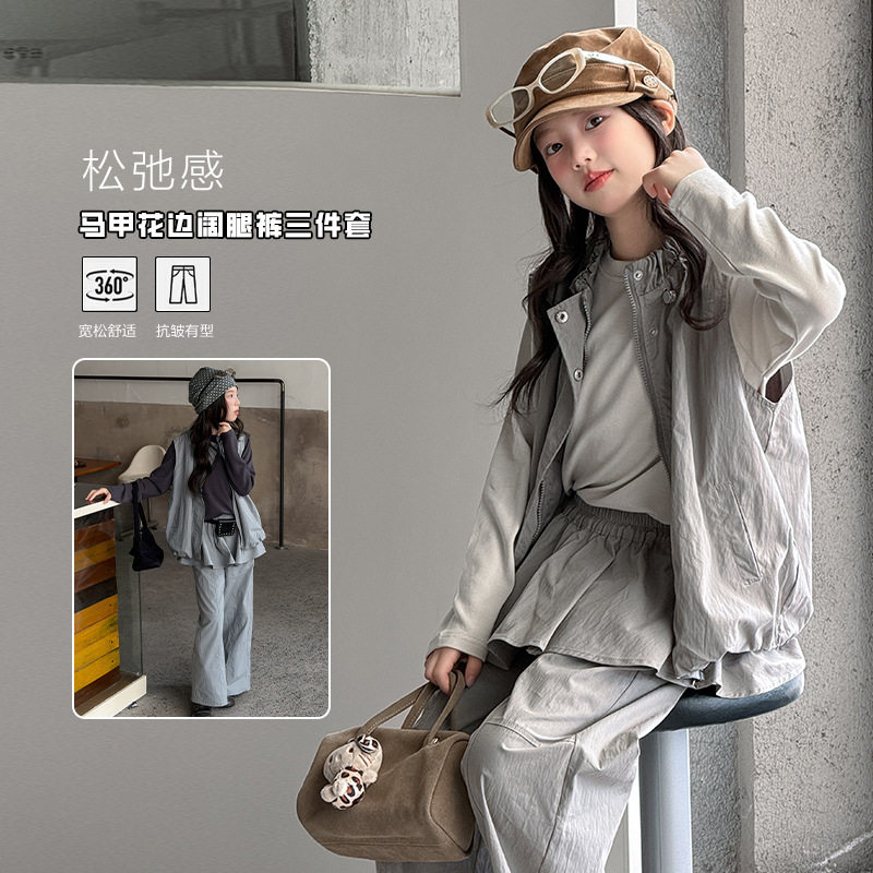 波拉童装女童韩系工装套装2026秋装秋季儿童马甲屁帘阔腿裤秋装三