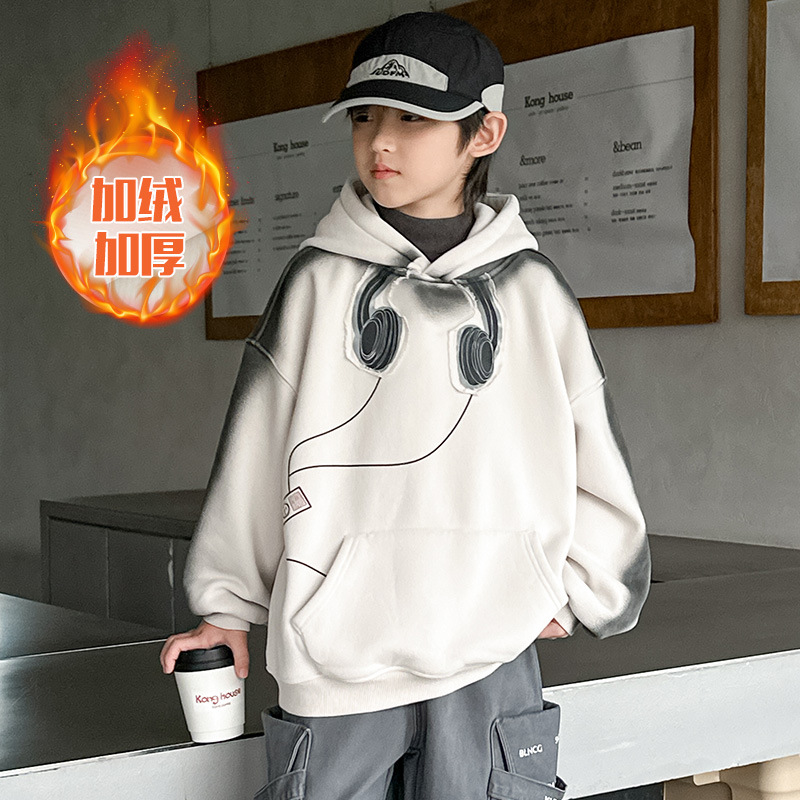波拉童装男童加绒卫衣秋冬款2025儿童装冬季一体加厚连帽上衣大童