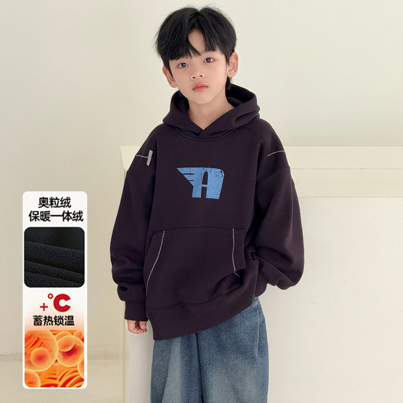 波拉童装2025男童冬季连帽加绒卫衣中大童休闲保暖打底衫潮牌