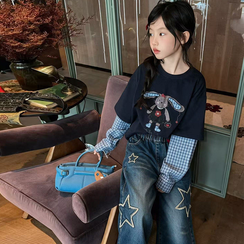 波拉童装女童韩系卡通假两件长袖T恤五角星牛仔裤阔腿裤套装秋装