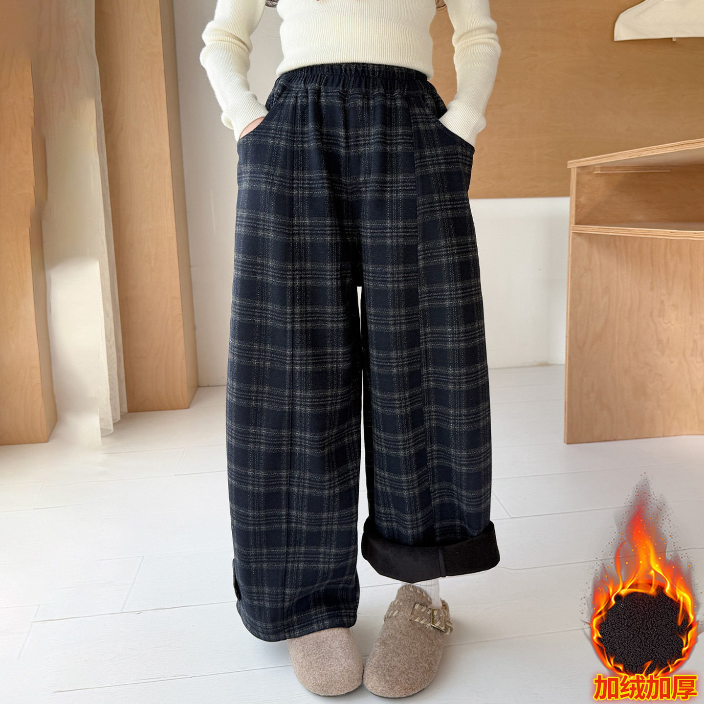 波拉童装女童复古格子休闲裤冬装加绒加厚裤子2026冬装大童宽松直