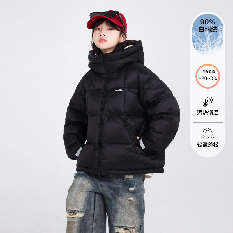 波拉童装女童冬装黑色免洗运动面包羽绒服2025儿童冬季加厚防寒外