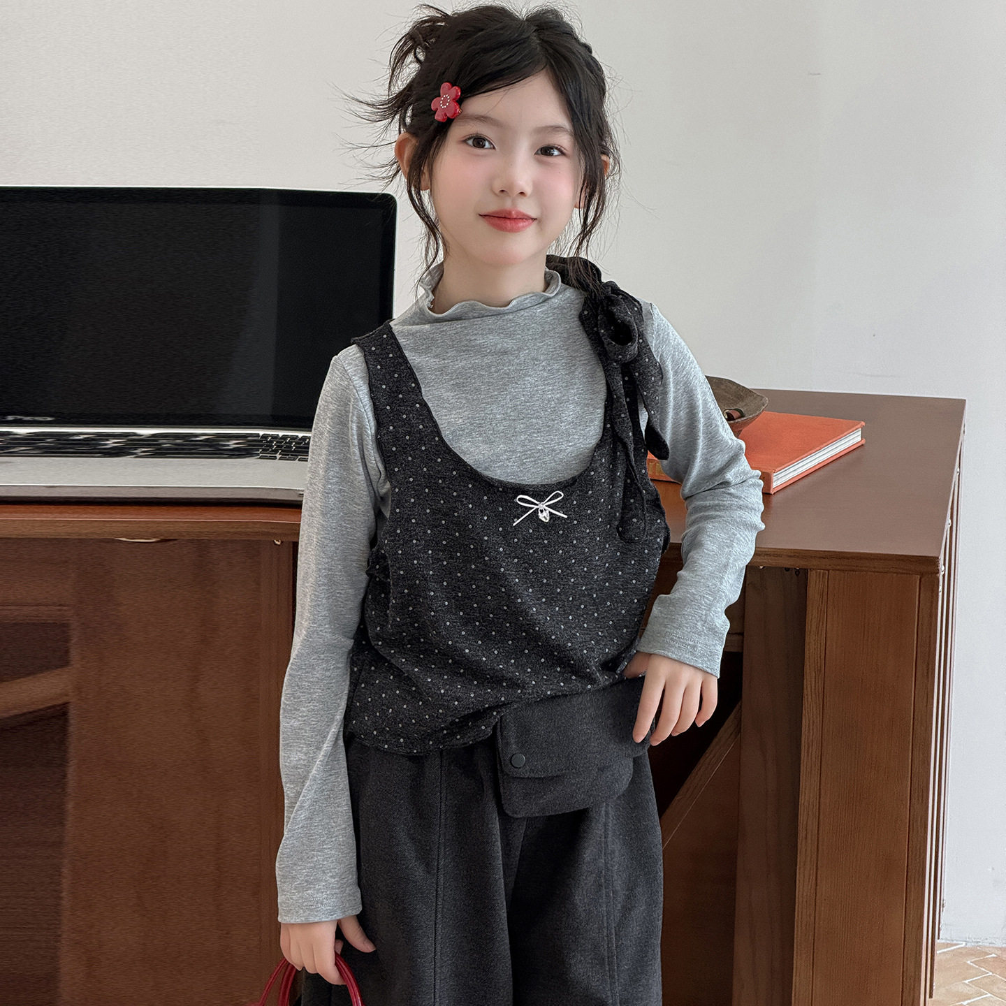 波拉童装女童韩系波点叠穿三件套秋装2026秋装女孩超好看九分裤套