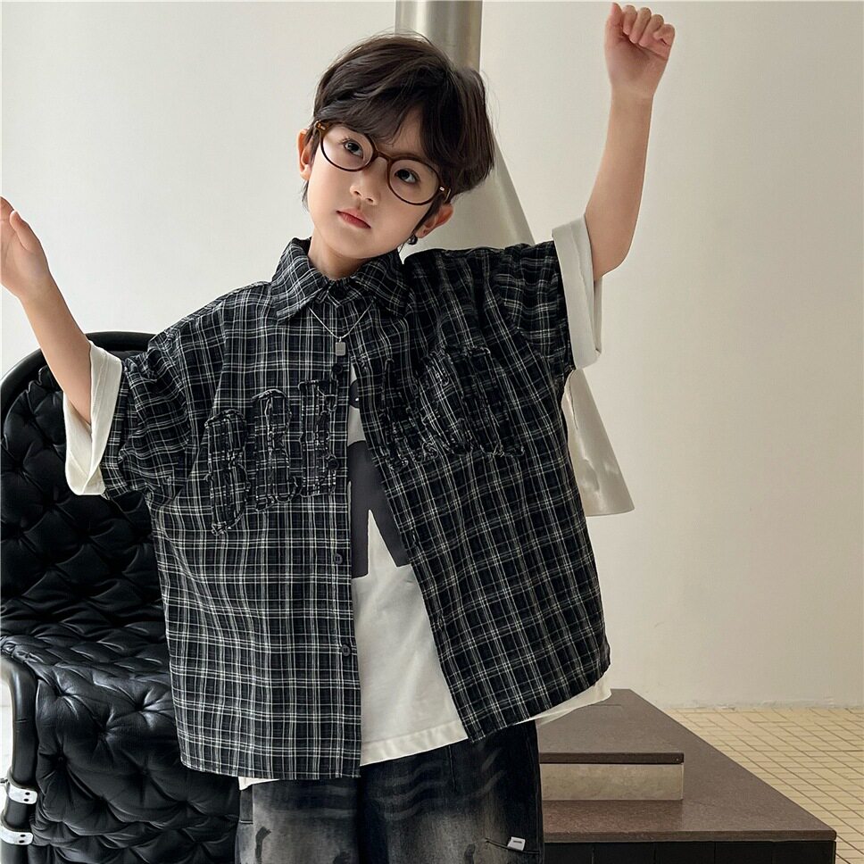波拉童装2026春装春夏款儿童格子短袖衬衫潮款B家字母绣花轻奢男