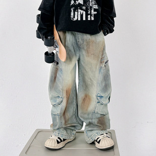 波拉童装男童痞帅大口袋工装阔腿牛仔裤2026春装儿童直筒宽松裤子