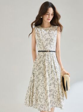 26夏新款【绣花+印花+棉】小碎花气质无袖压褶A摆收腰连衣裙22829