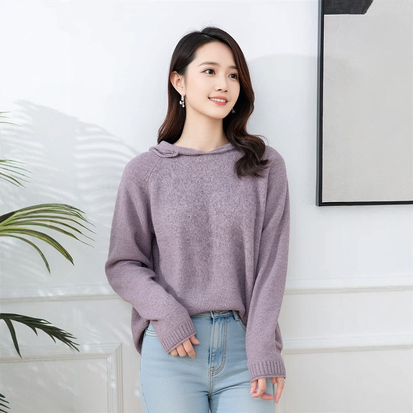 轻熟简约风连帽羊绒衫女紫色宽松显瘦百搭针织衫