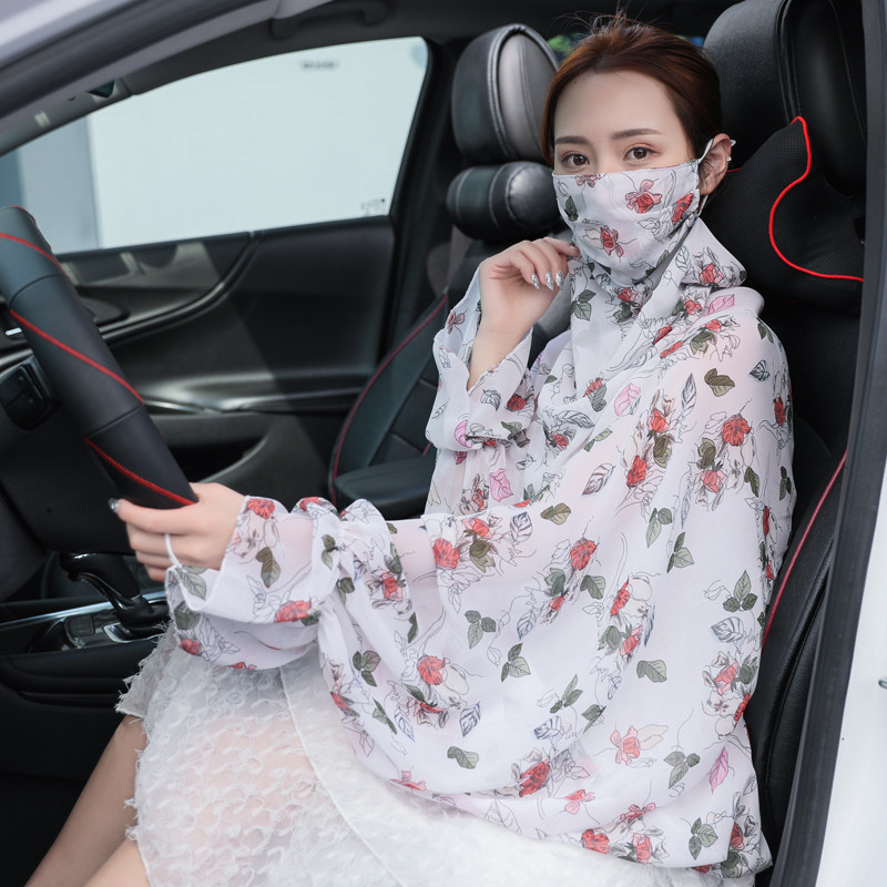 防晒披肩面罩口罩一体长袖夏季女学车披风透气防紫外线骑车防晒衣