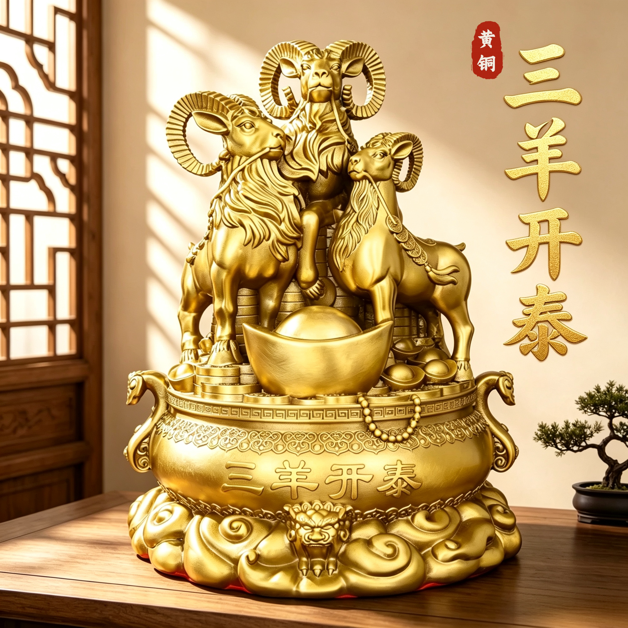 黄铜三羊开泰聚宝盆摆件