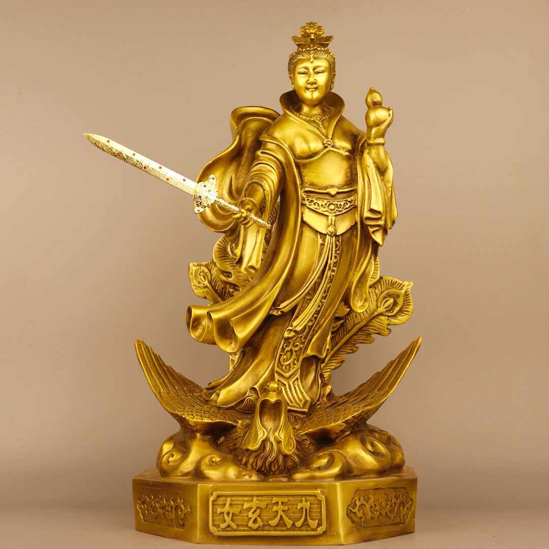 纯铜九天玄女圣母娘娘摆件站孔雀仙女供奉像兵法女神玄天圣母神像