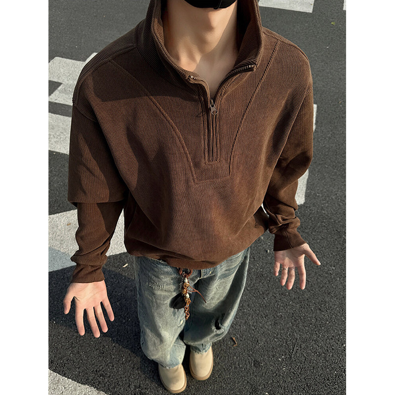 thumbnail for 美式复古雪尼尔半拉链卫衣男款半高领内搭打底上衣重磅咖啡色外套