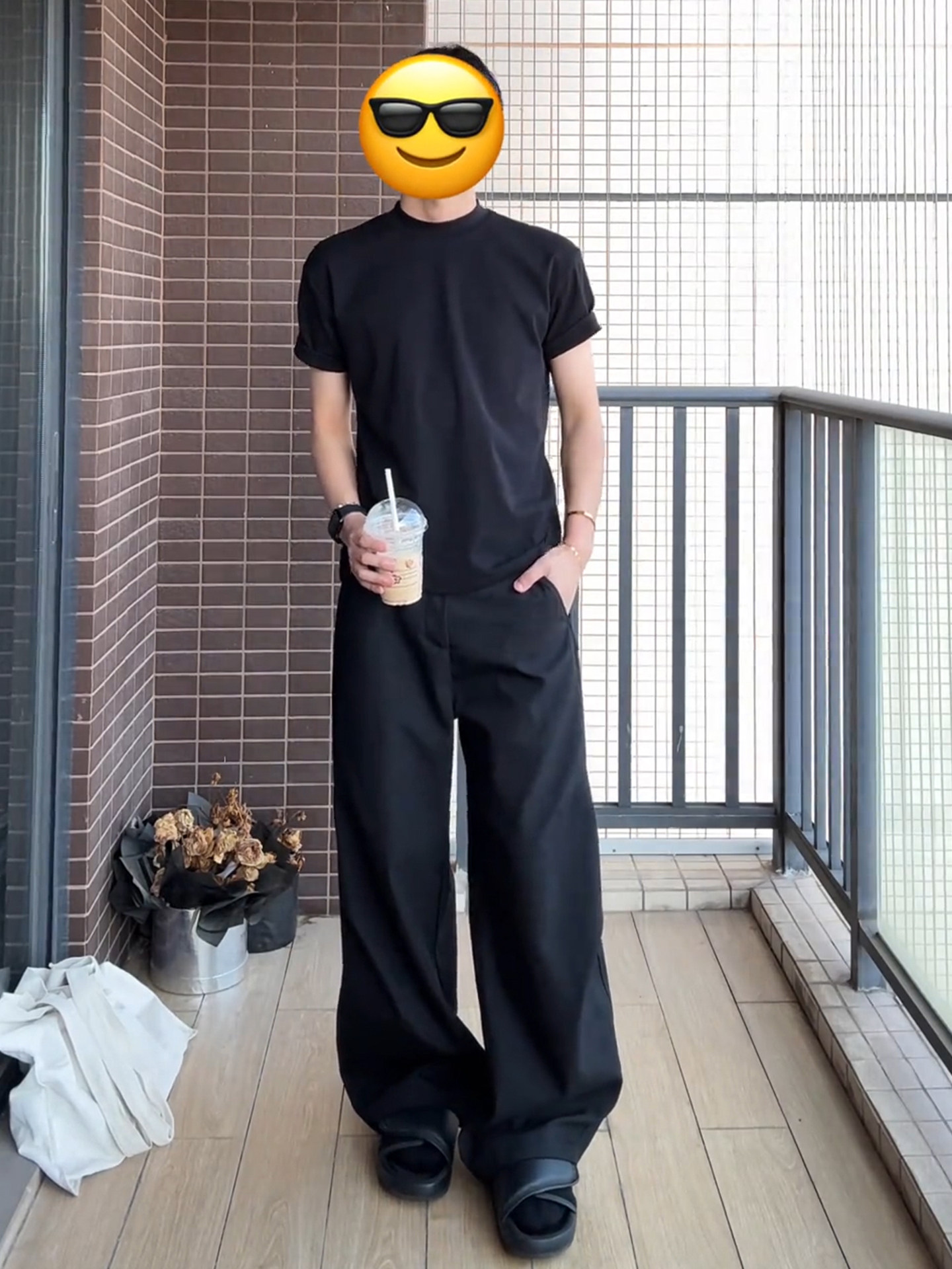 王嘉尔穿搭黑色修身正肩t恤男夏季美式重磅小领口收袖口短袖上衣