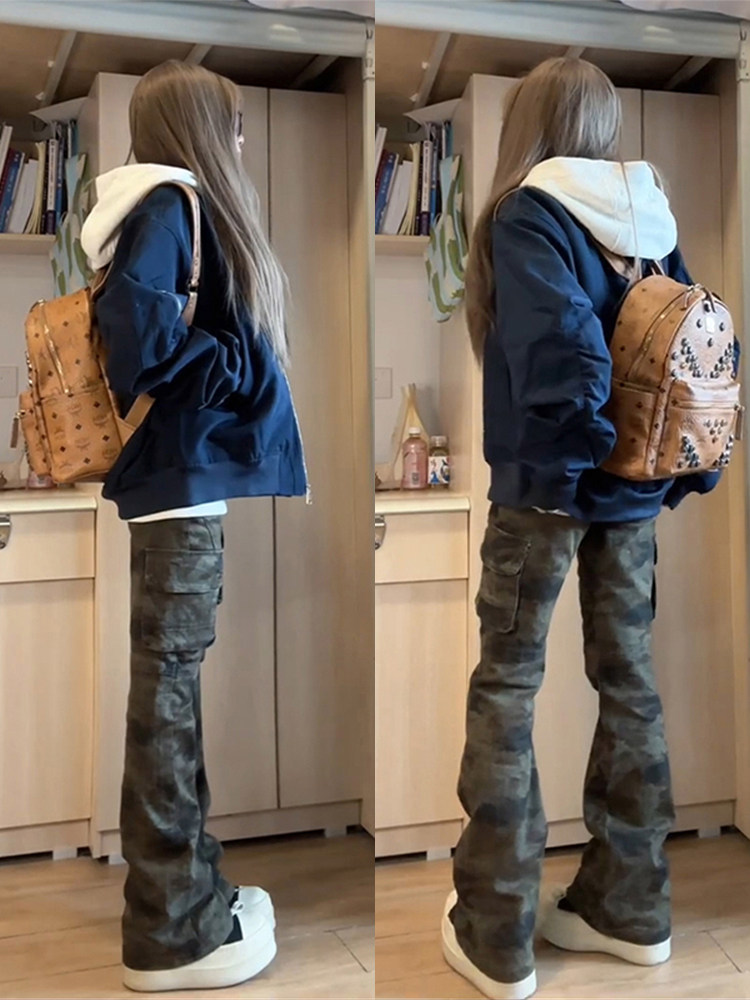 美式覆古迷彩微喇工装裤男女款秋冬加绒裤子修身显瘦小个子牛仔裤