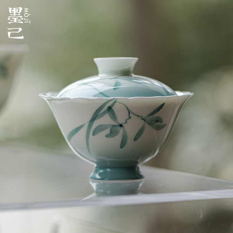 墨己玉泥手绘兰花渐变蓝手绘花口盖碗功夫茶具仿宋高足陶瓷盖碗,餐饮具,盖碗,淘宝优惠券,粉丝福利购,淘宝优惠卷
