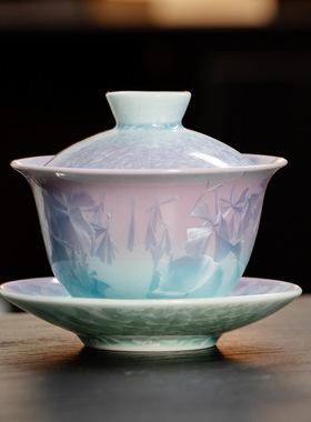 墨己结晶釉窑变冰花蓝紫色陶瓷家用三才盖碗功夫茶具敬茶碗泡茶碗