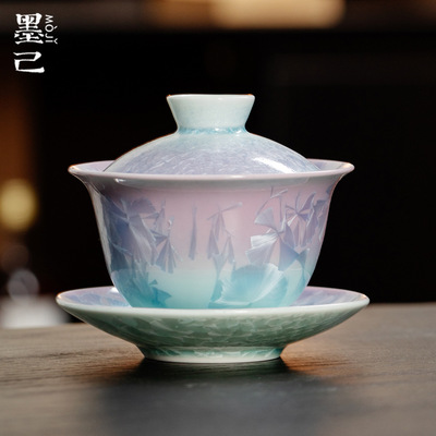 墨己结晶釉窑变冰花蓝紫三才盖碗