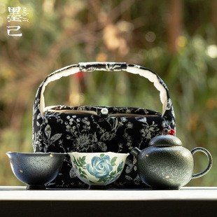 墨己户外旅行茶具便携包收纳手绘蔷薇一壶两杯茶具套装出差旅游装