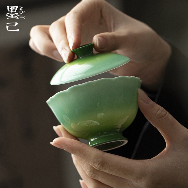墨己醒春集渐变色翡翠绿仿宋高足花口盖碗功夫茶具家用陶瓷泡茶碗,餐饮具,盖碗,淘宝优惠券,粉丝福利购,淘宝优惠卷