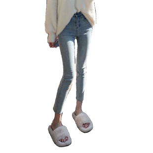 浅色修身小脚牛仔裤女春季新款高腰显瘦弹力八分小个子紧身铅笔裤