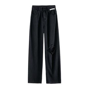 天丝牛仔阔腿裤女夏新款破洞高腰显瘦薄款宽松垂感冰丝直筒拖地裤