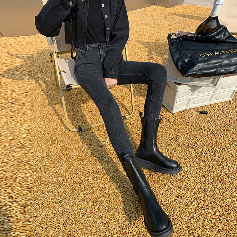高腰薄绒牛仔裤女2025春秋款黑灰色紧身显瘦弹力加绒小个子配靴子